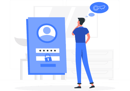 a man staring at a screen with a lock, a bubble appears above his head containing a key